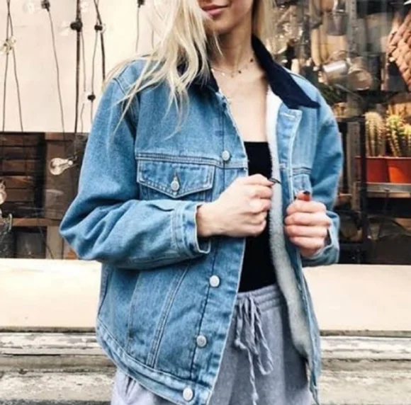 Brandy Melville John Galt Blue Medium Wash Corduroy Collar Sherpa Denim Jacket - Picture 1 of 9